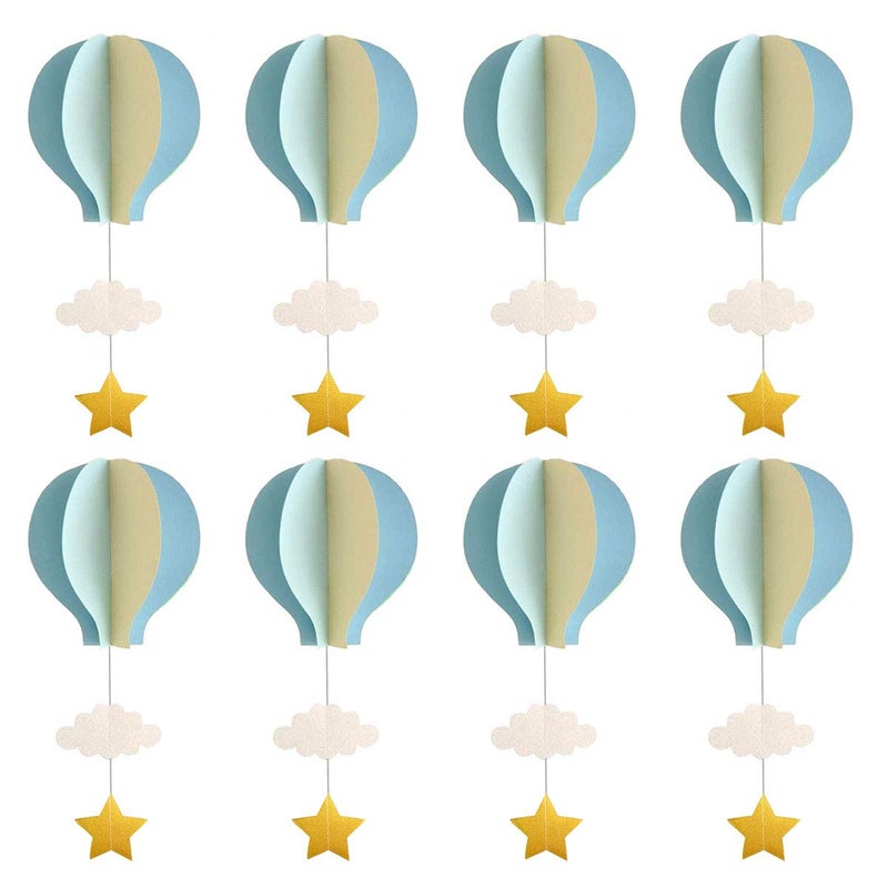 REOLAN Hot Air Balloon Garland Decorations - 8 Pack Large Size Pastel Cloud Hot Air Balloon 3D Paper Garland Hanging Decorations for Wedding, Birthday, Baby Shower, Christmas Party - Blue - Image 1